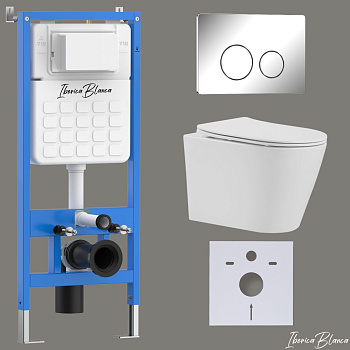 Комплект 3в1 IBERICA BLANCA инсталляция SILENCIO, унитаз BURGOS ALTO белый, кнопка смыва INOX-O хром глянцевый (IB001.BRA.234.8131)