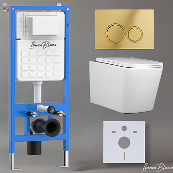 Комплект 3в1 IBERICA BLANCA инсталляция SILENCIO, унитаз TOLEDO ALTO белый, кнопка смыва ESTI-O золото глянцевое (IB001.TLA.234.826)