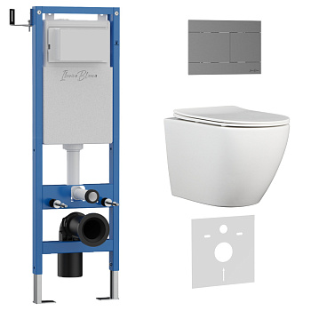 Комплект 3в1 IBERICA BLANCA инсталляция SILENCIO MINI, унитаз BILBAO ALTO белый, кнопка смыва INOX-R вороненая сталь (IB.001M.BLA.234.1502)